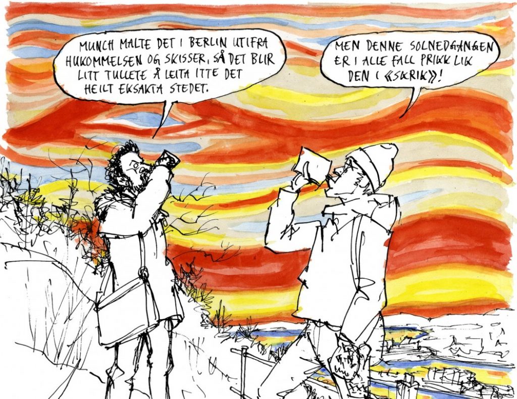 Kverneland og Fiske i himmelen fra Skrik. Bildet er en beskåret versjon av samme motiv fra Munch (Steffen Kverneland, No Comprendo Press, 2013)