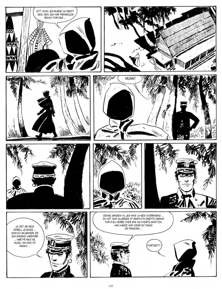 Corto Maltese i samtale med Munken i Balladen om det salte hav. © Cong, Sveits. Gjengitt med tillatelse fra Minuskel forlag