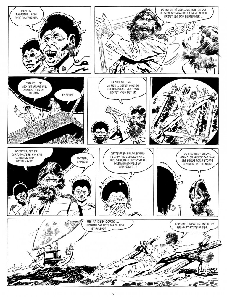 Verdens første møte med Corto Maltese, korsfestet og flytende i Stillehavet. © Cong, Sveits. Gjengitt med tillatelse fra Minuskel forlag