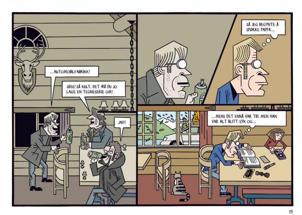 Den unge Lars Fiske fulgte ikke altfor godt med på farens historier. I tegningen til venstre ser vi Fiske og Steffen Kverneland, og sistemann ser ut til å være Fiskes forlegger Espen Holtestaul. Faksimile: No Comprendo Press