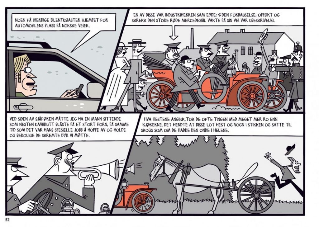 De første bilene skapte betydelig forferdelse på norske landeveier. Legg også merke til Lars Fiskes bruk av farger. Faksimile: No Comprendo Press
