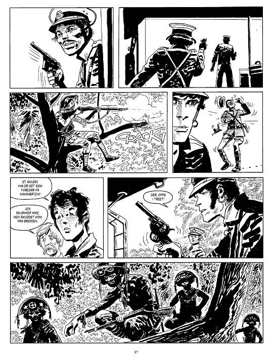 Det kan gå voldsomt for seg også i Hugo Pratts tegneserier.. © Cong, Sveits. Gjengitt med tillatelse fra Minuskel forlag