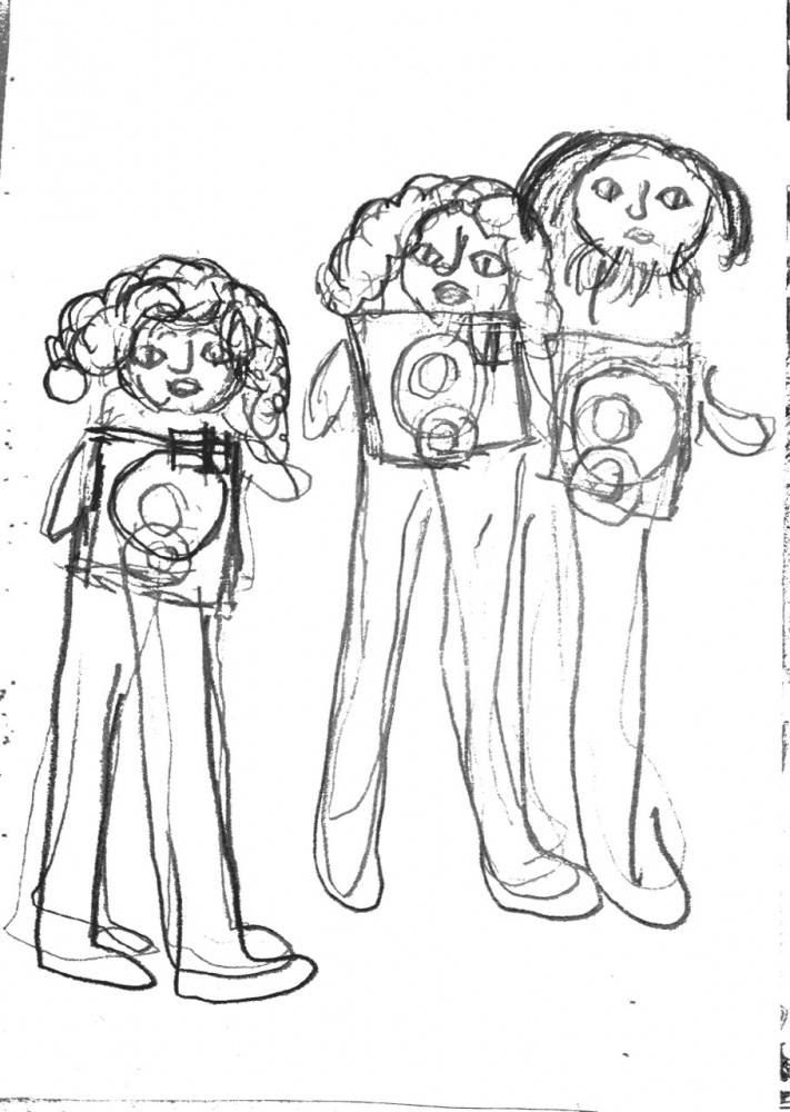 deLillos som trio, tegnet av Natasjas søster xxx. Tegningen er hentet fra coverheftet til Sväva över stan.
