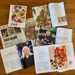 Litt av alt og et utvalg av de mange fantastiske presseoppslagene boken er blitt til del. Med klokka ser vi selve boken, og dernest oppslag i Maison Mat & Vin, Mat fra Norge, D2, Tara og Dagbladet. Foto: Erik Valebrokk