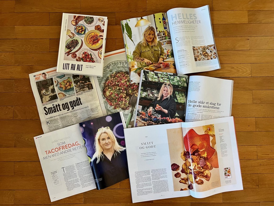 Litt av alt og et utvalg av de mange fantastiske presseoppslagene boken er blitt til del. Med klokka ser vi selve boken, og dernest oppslag i Maison Mat & Vin, Mat fra Norge, D2, Tara og Dagbladet. Foto: Erik Valebrokk